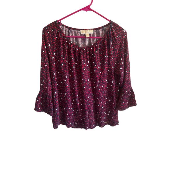 Michael Kors Top Medium Blue Red Hearts Bell Sleeve Blouse Women's size: large - Picture 1 of 7